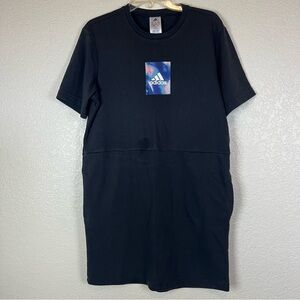 Adidas Women's Black T-Shirt Dress featuring a central graphic logo Small